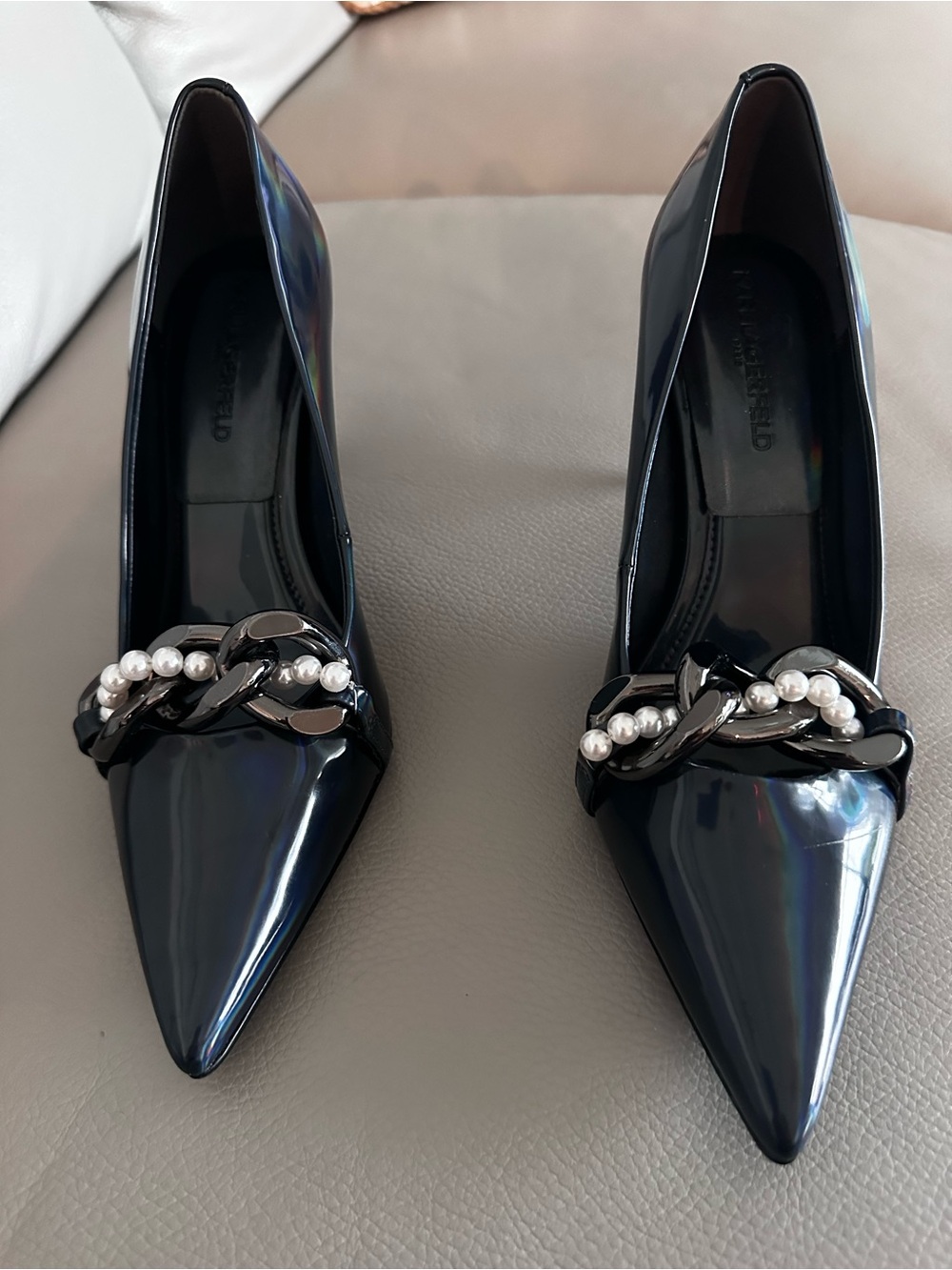 Karl Lagerfeld Black Patent Pointed Pumps with Pearl Chain
